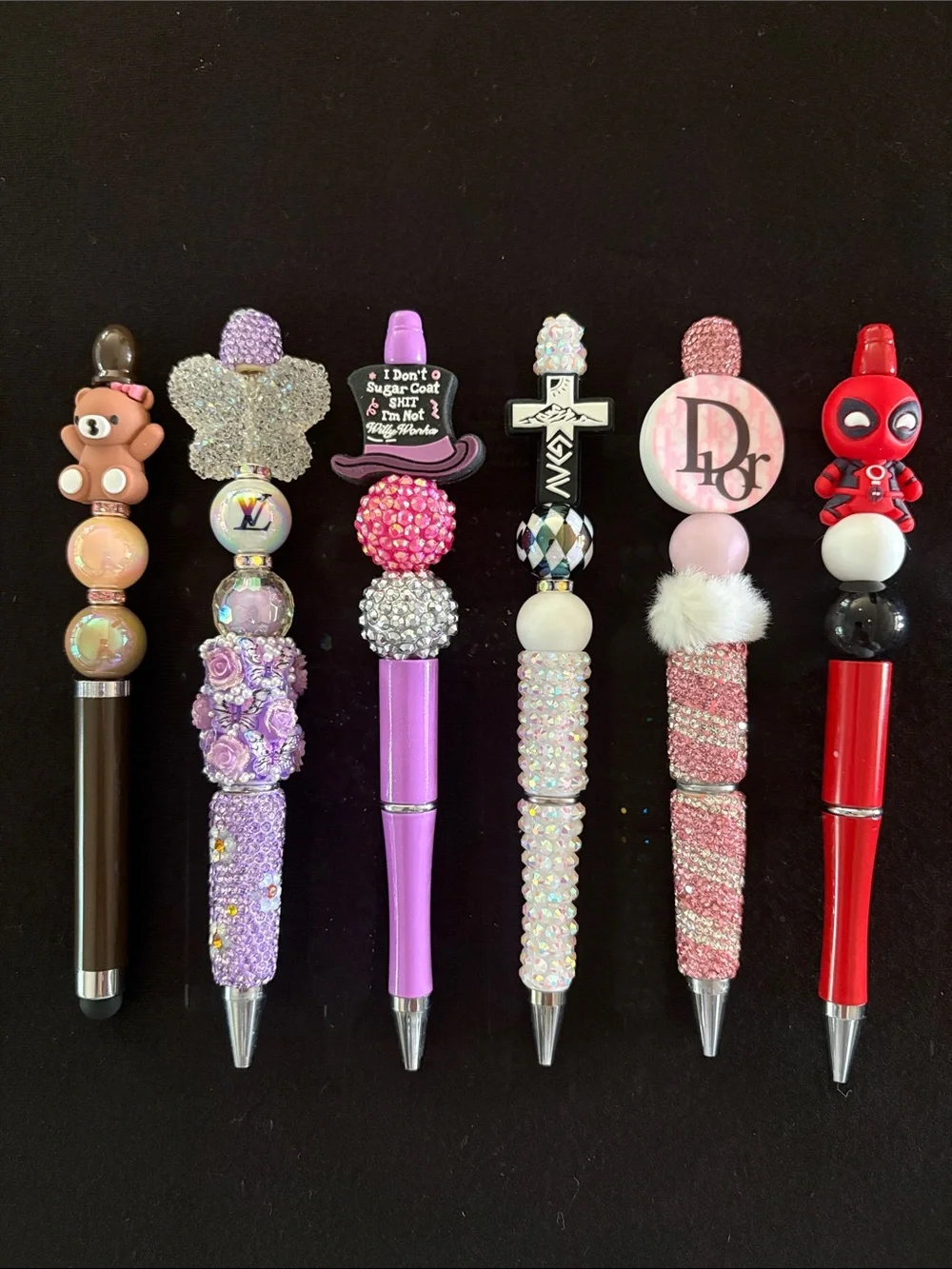 Cute Decorative Beaded Pens - Purple, Pink, Red, Brown Accents Set of 6